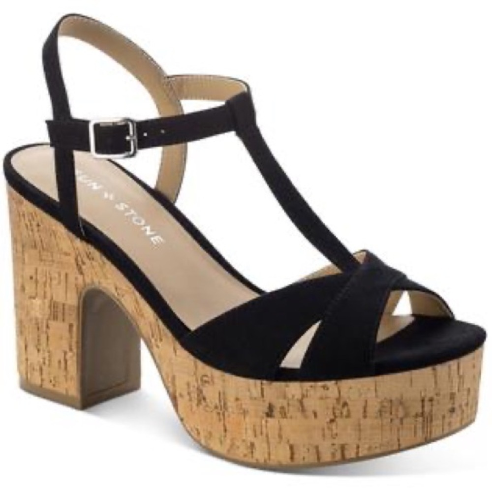 NIB Sun + Stone Womens Jillien Cork Block Heels Black Size 9.5